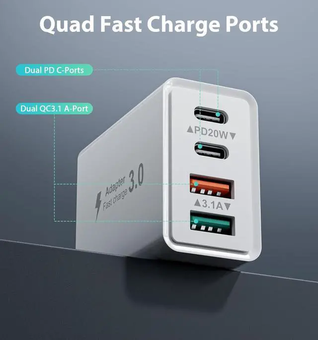 Alt view image 3 of 6 - 40W USB C Charger Cube Wall Charger, [2-Pack] Wall Plug Fast Charging Block, 4-Port PD + QC Power Adapter Multiport Brick Type C Box for i-Phone 15/14/13/12/11/Pro Max/XS/XR/8/7, Tablets, Cellphones