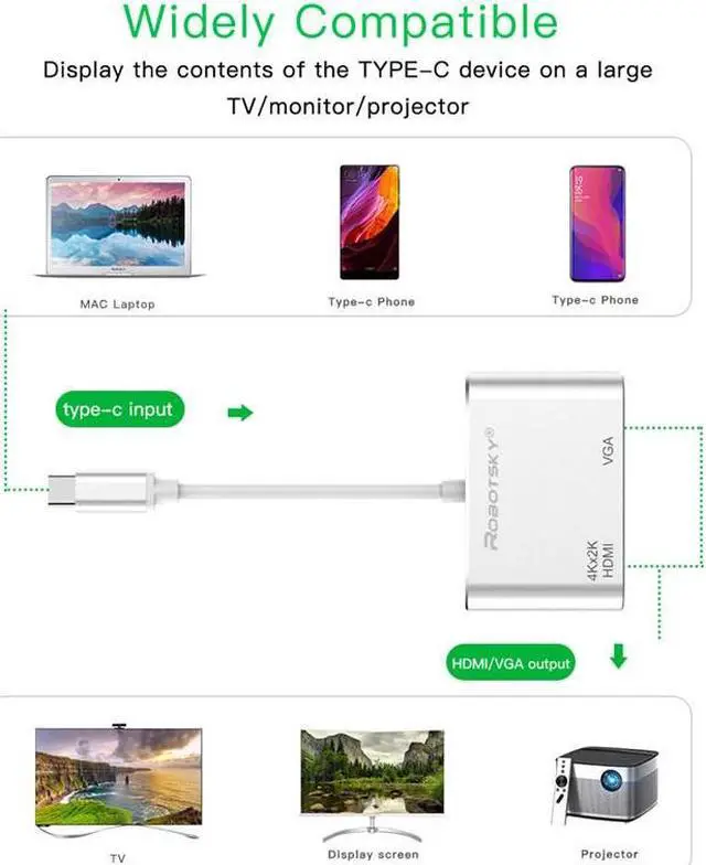 Alt view image 4 of 7 - 2 in 1 USB C Cable Type C to HDMI VGA Adapter 4K USB-C Type-C Audio Video Converter Cable for Macbook Samsung Galaxy
