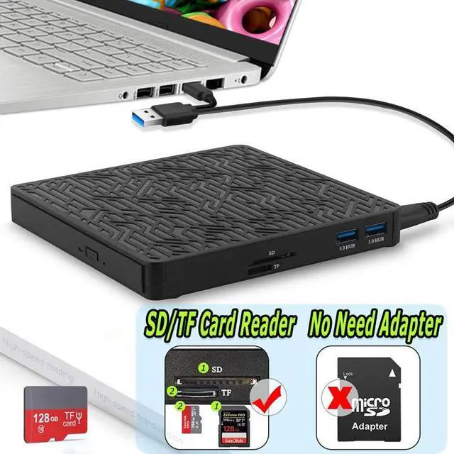 Alt view image 6 of 7 - External CD DVD Drive, 2-Port Hub USB 3.0 with Type-C SD/TF Card Reader CD/DVD +/-Rw Drive ROM Rewriter Burner for Laptop Desktop MacBook Mac OS Windows 10 8 7 XP Vista