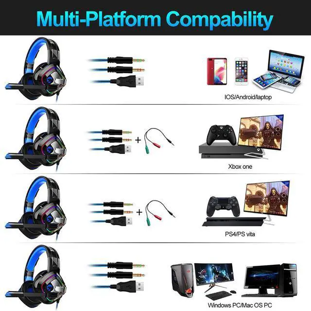 Alt view image 6 of 7 - Gaming Headset, Surround Stereo Gaming Headphones with Noise Cancelling Mic, LED Lights & Soft Memory Earmuffs, Works with Xbox One, PS4, Nintendo Switch, PC Mac Computer Games Headset