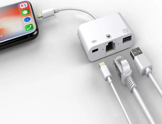 Alt view image 2 of 7 - 3 in 1 Lightning to RJ45 Ethernet LAN Wired Network Adapter, iPhone iPad to USB Camera Adapter Kit, Lightning to USB OTG Adapter Cable (White)