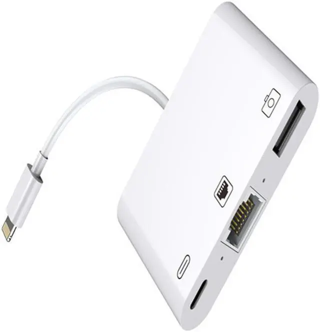 Alt view image 3 of 7 - 3 in 1 Lightning to RJ45 Ethernet LAN Wired Network Adapter, iPhone iPad to USB Camera Adapter Kit, Lightning to USB OTG Adapter Cable (White)