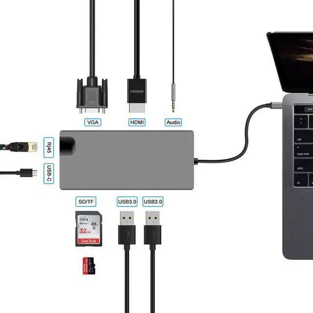 Alt view image 2 of 7 - USB C Hub,, 9-in-1 Type-C Docking Station Hub Type C to 2 x USB 3.0, 4K HD HDMI VGA RJ45 Gigabit Network SD Card Slot With 3.5mm Audio Jack Adapter Compatible Apple MacBook Pro 13/15 (Thunderbolt 3)