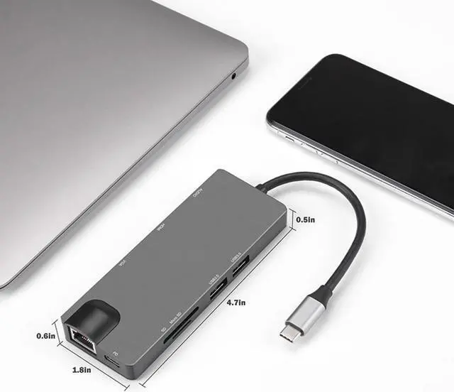 Alt view image 7 of 7 - USB C Hub,, 9-in-1 Type-C Docking Station Hub Type C to 2 x USB 3.0, 4K HD HDMI VGA RJ45 Gigabit Network SD Card Slot With 3.5mm Audio Jack Adapter Compatible Apple MacBook Pro 13/15 (Thunderbolt 3)