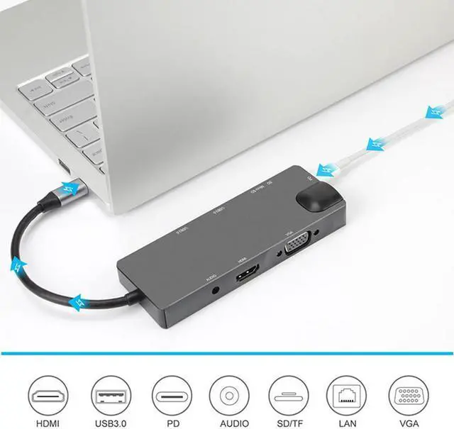 Alt view image 6 of 7 - USB C Hub,, 9-in-1 Type-C Docking Station Hub Type C to 2 x USB 3.0, 4K HD HDMI VGA RJ45 Gigabit Network SD Card Slot With 3.5mm Audio Jack Adapter Compatible Apple MacBook Pro 13/15 (Thunderbolt 3)