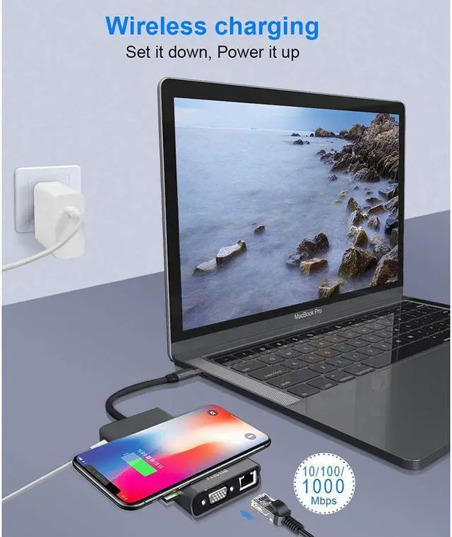 Alt view image 4 of 7 - 15 in 1 USB C Hub Multiport Adapter-Hieha USB-C Docking Station with 4K HDMI, VGA, Ethernet, Wireless Charging, 100W PD, 3 USB 3.0, SD/TF Card Reader Compatible for MacBook Pro and More Type C Laptops