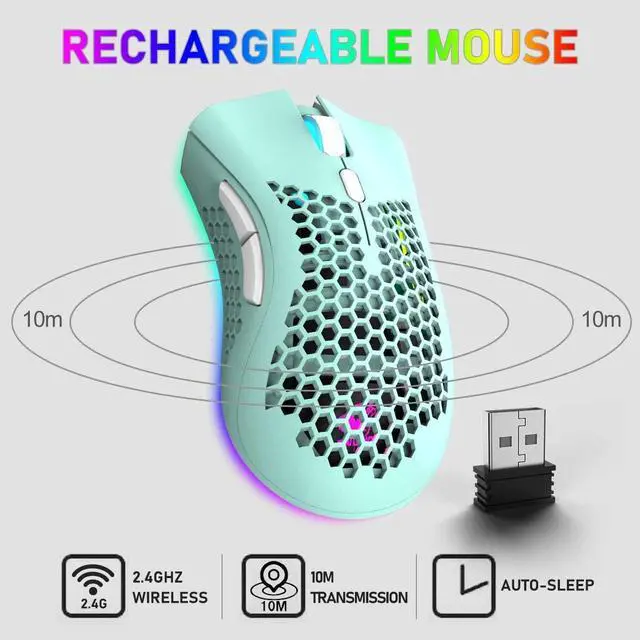 Alt view image 2 of 6 - Wireless Lightweight Gaming Mouse with 7 Button Multi RGB Backlit Perforated Ergonomic Shell Optical Sensor Adjustable DPI Rechargeable 800 mAh Battery USB Receiver for PC Mac Gamer