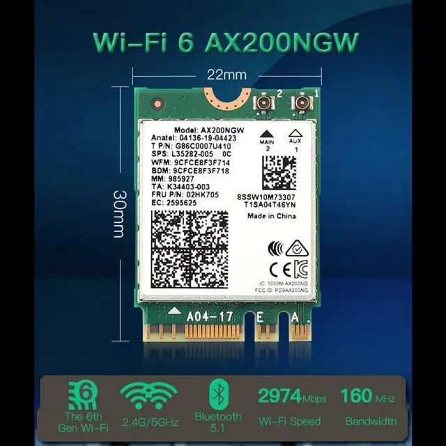 Alt view image 3 of 7 - Dual band 802.11ax WIfi 6 For Intel AX200 NGFF M.2 KEY E Wireless Card AX200NGW MU-MIMO 2.4G/5Ghz 2400Mbps BT 5.1 With Antennas
