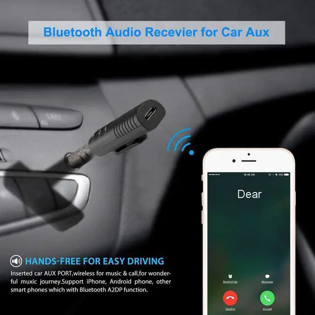 Alt view image 6 of 7 - Bluetooth Car Adapter, Portable Bluetooth 5.0 Stereo Output Receiver Hands-Free Car Kit & Mini Wireless 3.5mm Aux Adapter for Headphones, Car, Home Stereo Music System(Black)