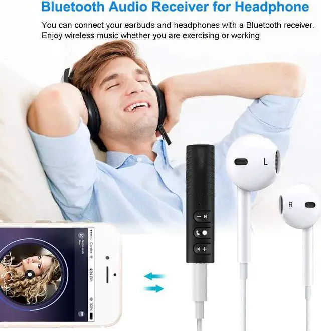 Alt view image 5 of 7 - Bluetooth Car Adapter, Portable Bluetooth 5.0 Stereo Output Receiver Hands-Free Car Kit & Mini Wireless 3.5mm Aux Adapter for Headphones, Car, Home Stereo Music System(Black)
