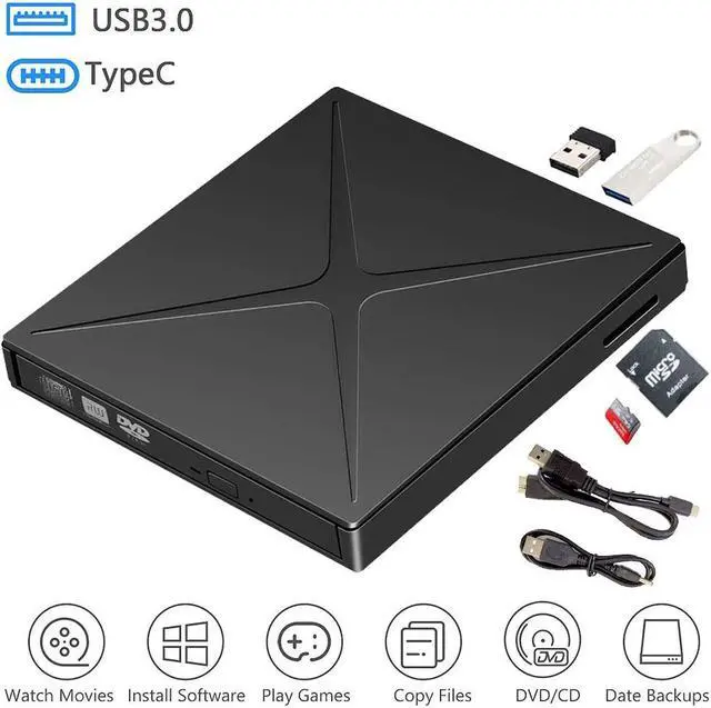 Main image of External DVD CD Drive, USB 3.0 & Type C CD/Dvd +/- RW Burner with SD/TF Card Reader Portable Disk Player Rewriter for laptop, desktop Mac, iOS, MacBook, Windows 10/8/7 / XP/Vista/Linux
