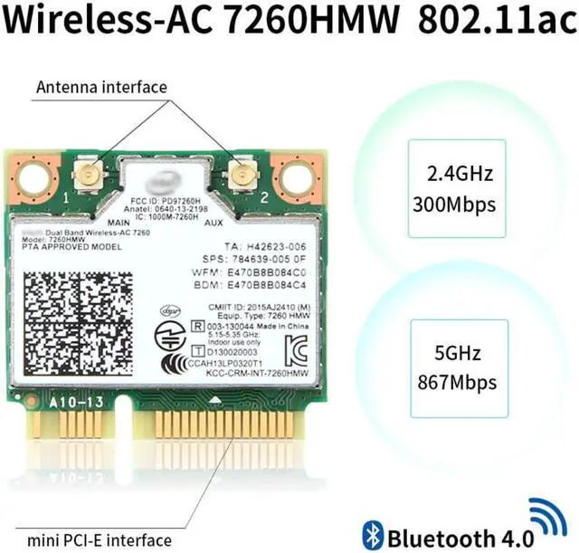 Alt view image 2 of 7 - Mini pcie WiFi Card Dual Band Wireless AC 7260 PCI Express Card 802.11ac 2x2 Wi-Fi 7260hmw Bluetooth 4.0 PCIe Half WiFi Card 802.11 b/a/g/n/ac for Laptop Window 7 8 8.1 10 Linux 2.4.x/2.6.x or Later