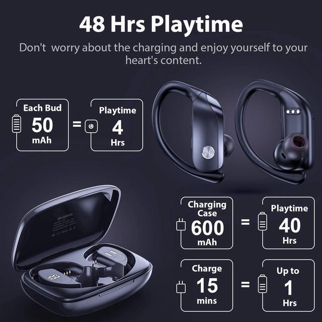 Alt view image 3 of 6 - Ture Wireless Earbuds Bluetooth Headphones 48hrs Playtime Sport Earphones with LED Display TWS Stereo Deep Bass Ear Buds with Earhooks Waterproof in-Ear Built-in Mic Headset for Running Workout