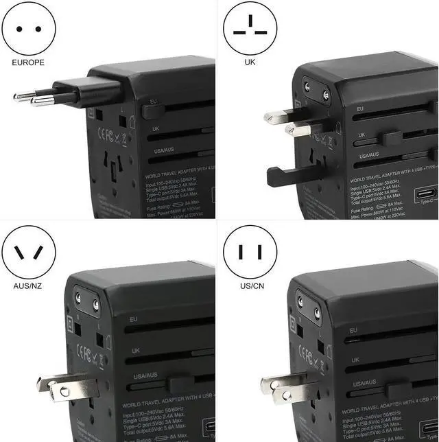 Alt view image 2 of 6 - Universal Travel Adapter One International Wall Charger AC Plug Adaptor with 5.6A Smart Power and and 3.0A USB Type-C for USA EU UK AUS (Color: Black)