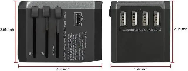 Alt view image 5 of 6 - Universal Travel Adapter One International Wall Charger AC Plug Adaptor with 5.6A Smart Power and and 3.0A USB Type-C for USA EU UK AUS (Color: Black)