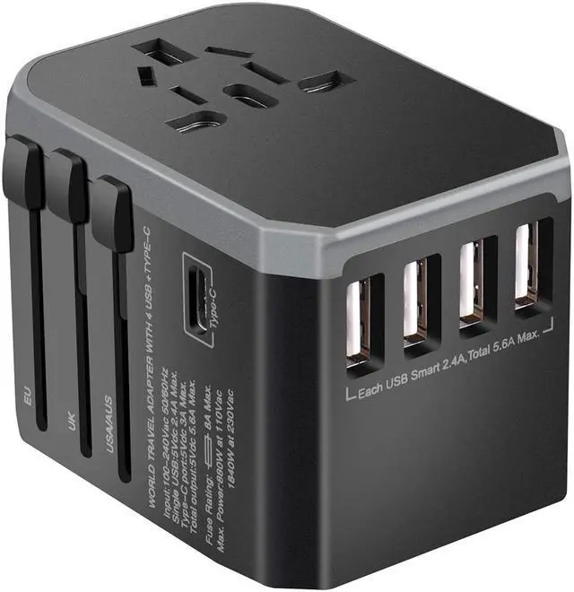 Main image of Universal Travel Adapter One International Wall Charger AC Plug Adaptor with 5.6A Smart Power and and 3.0A USB Type-C for USA EU UK AUS (Color: Black)