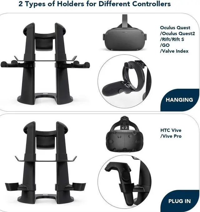 Alt view image 3 of 7 - VR Stand, Headset Display Holder and Controller Holder Mount Station for Oculus Quest/Quest 2/Rift/Rift S/GO/HTC Vive/Vive Pro/Valve Index VR Headset and Touch Controllers (Black)