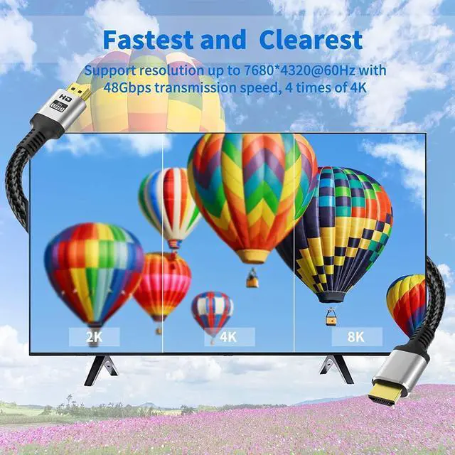 Alt view image 2 of 7 - 8K HDMI Cable 3.3ft/1m Ultra High Speed HDMI 2.1 Cable 48Gbps 8K@60Hz Support Dynamic HDR, 3D, eARC, HDCP 2.2, Cotton Braided HDMI Cord for PS5/PS4/Xbox/Apple TV/Nintendo Switch/Projector