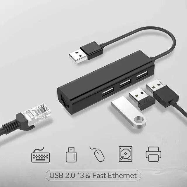 Alt view image 2 of 6 - 3 USB Ports Hub with RJ45 LAN Adapter Laptop Ethernet Dock Network Extender Compatible MacBook Air/Pro (Previous Generation), Chromebook, Windows Laptop, More (Black)
