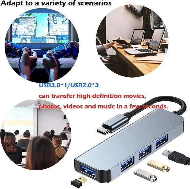 Alt view image 7 of 7 - 4-in-1 USB-C Hub Aluminum USB Type C to USB Adapter with USB 3.0/2.0 Ports (Ultra-Slim),Suitable for MacBook Pro, Chromebook, XPS, Laptop, PC, Surface Pro, Mobile HDD and More
