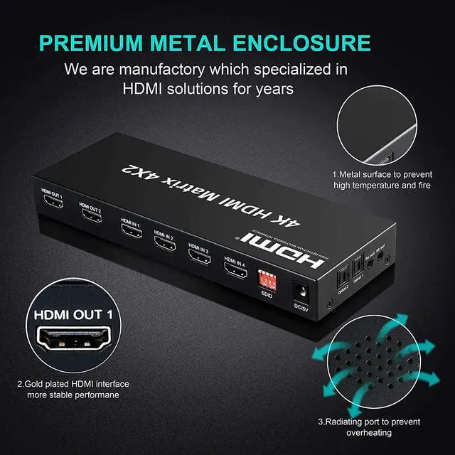 Alt view image 3 of 7 - 4x2 HDMI Matrix Switch,4 in 2 Out Matrix HDMI Video Switcher Splitter +Optical & L/R Audio Output, Support Ultra HD 4K x 2K,3D 1080P, Audio EDID Extractor with IR Remote Control & Power Adapter