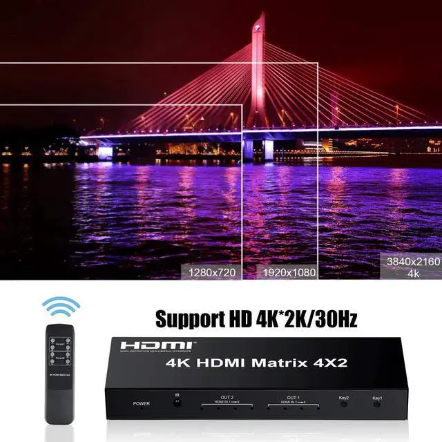 Alt view image 7 of 7 - 4x2 HDMI Matrix Switch,4 in 2 Out Matrix HDMI Video Switcher Splitter +Optical & L/R Audio Output, Support Ultra HD 4K x 2K,3D 1080P, Audio EDID Extractor with IR Remote Control & Power Adapter
