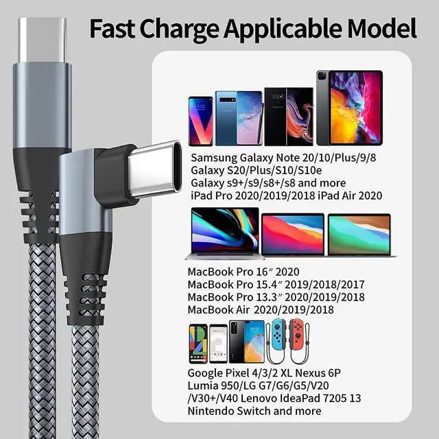 Alt view image 7 of 7 - USB C to USB C Cable Right Angle 90 Degree [2-Pack / 3.3ft / 1M], Type C 60W PD Fast Charging Cord Compatible with Samsung Galaxy S20/S20+/S21/S21 Plus/Note 20 Ultra, iPad/MacBook Pro 2020 (Grey)
