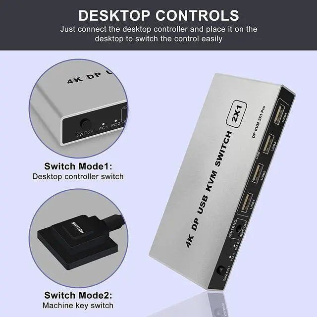 Alt view image 5 of 7 - DisplayPort KVM USB Switch 2 Port 4K 60Hz USB and DisplayPort Switch for 2 Computers Share Keyboard Mouse Printer Monitor for Laptop,PC,Xbox HDTV, with 2X USB Cable,1x Switch Button Cable