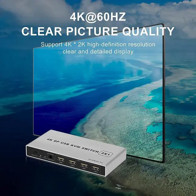 Alt view image 4 of 7 - DisplayPort KVM USB Switch 2 Port 4K 60Hz USB and DisplayPort Switch for 2 Computers Share Keyboard Mouse Printer Monitor for Laptop,PC,Xbox HDTV, with 2X USB Cable,1x Switch Button Cable