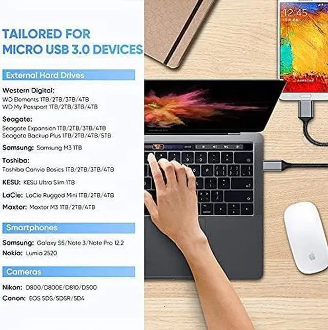 Alt view image 7 of 7 - USB C to Micro B Cable 3.0, Type C to Micro B Hard Drive Cable, Micro B to USB Type C Cable for Toshiba Canvio, Seagate, WD External Hard Drive, Chromebook Pixel and More (1 Pack-3.3ft / 1M)