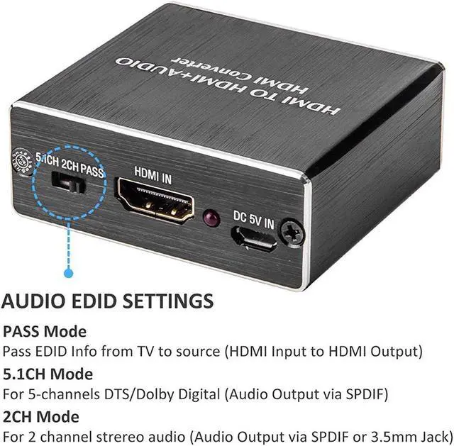 Alt view image 3 of 7 - Mini HDMI to Optical Audio Extractor, 4K @30Hz HDMI to HDMI SPDIF Splitter HDMI Toslink Converter with 3.5mm Stereo Sound out Support TV PS4 Slim Xbox Chromecast and Blu-ray DVD Player