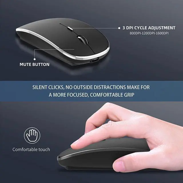 Alt view image 4 of 7 - 2.4G Wireless Mouse 450mAh Chargeable Portable Silent Wireless Mouse USB and Type-C Dual Mode Wireless Mouse 3 Adjustable DPI [1000/1200/1600 DPI] for Laptop, MacOS, Android, PC (Black)
