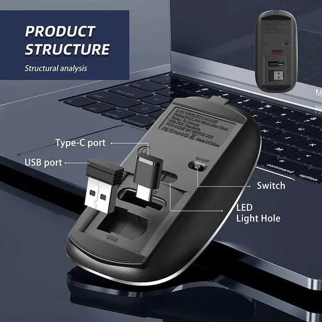 Alt view image 6 of 7 - 2.4G Wireless Mouse 450mAh Chargeable Portable Silent Wireless Mouse USB and Type-C Dual Mode Wireless Mouse 3 Adjustable DPI [1000/1200/1600 DPI] for Laptop, MacOS, Android, PC (Black)