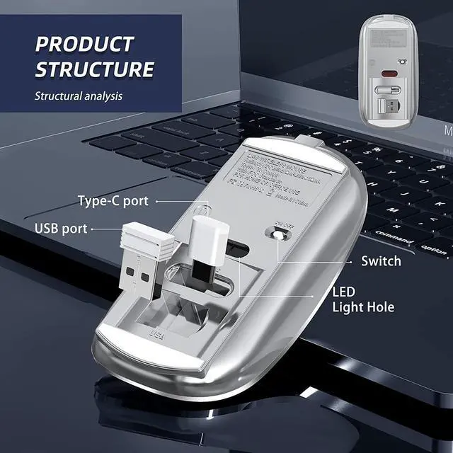 Alt view image 6 of 7 - 2.4G Wireless Mouse 450mAh Chargeable Portable Silent Wireless Mouse USB and Type-C Dual Mode Wireless Mouse 3 Adjustable DPI [1000/1200/1600 DPI] for Laptop, MacOS, Android, PC (Gray)