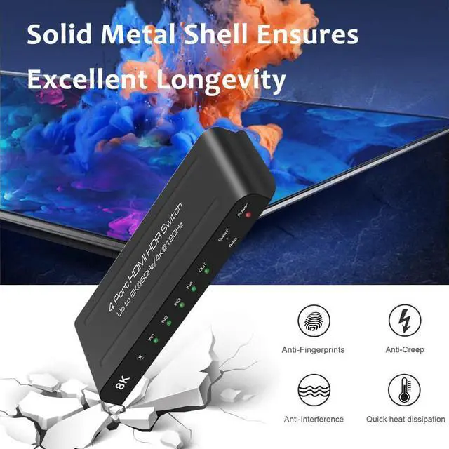 Alt view image 6 of 7 - [Upgraded] HDMI 2.1 Switch 8K @60Hz 4K @120Hz 4 in 1 Out HDMI Auto Switcher with Remote Support 48Gbps, HDR10+, HDCP2.3, D-o-l-b-y Vision/ Atmos and CEC (with US Power Adapter)