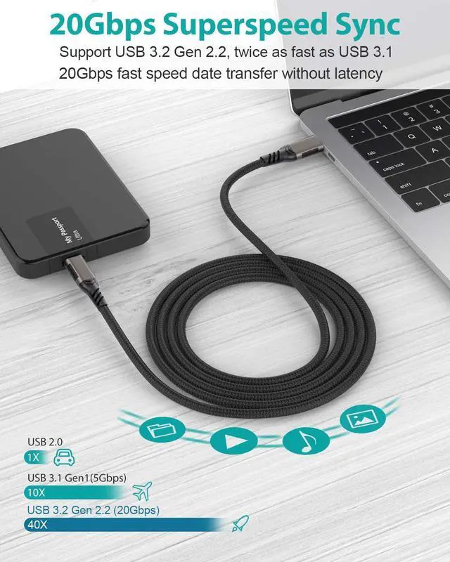 Alt view image 3 of 7 - USB C to USB C Cable 6.6ft/2M, 20Gbps Type C USB 3.2 Gen 2x2 Braided Cord with 20Gbps Rate, PD 100W 5A, 4K @60Hz Video and E-Marker for Thunderbolt 3/4, M-a-c-B-o-o-k, D-ell XPS, Monitor etc.