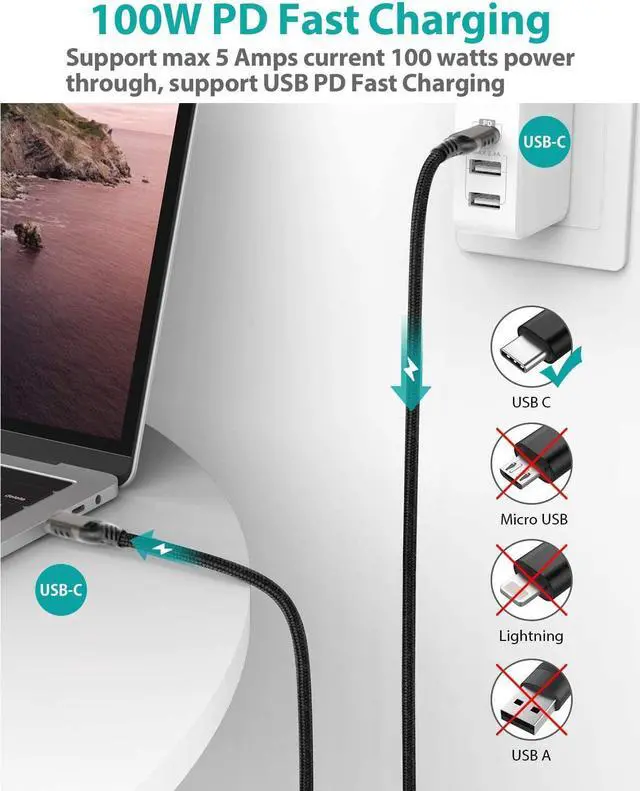 Alt view image 2 of 7 - USB C to USB C Cable 6.6ft/2M, 20Gbps Type C USB 3.2 Gen 2x2 Braided Cord with 20Gbps Rate, PD 100W 5A, 4K @60Hz Video and E-Marker for Thunderbolt 3/4, M-a-c-B-o-o-k, D-ell XPS, Monitor etc.