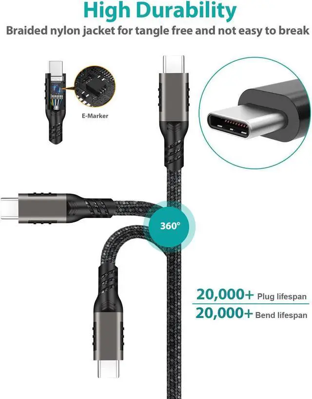 Alt view image 5 of 7 - USB C to USB C Cable 6.6ft/2M, 20Gbps Type C USB 3.2 Gen 2x2 Braided Cord with 20Gbps Rate, PD 100W 5A, 4K @60Hz Video and E-Marker for Thunderbolt 3/4, M-a-c-B-o-o-k, D-ell XPS, Monitor etc.