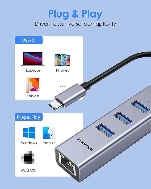 Alt view image 7 of 7 - USB C to USB 3.0 HUB with 1000Mbps RJ45 Gigabit Ethernet Port, USB C to Ethernet Adapter, Aluminum USB Extender Splitter, Type-C to USB 3.0 Multiport Hub for Laptop/MacOS/i-M-a-c/Surface Pro/XPS/PC