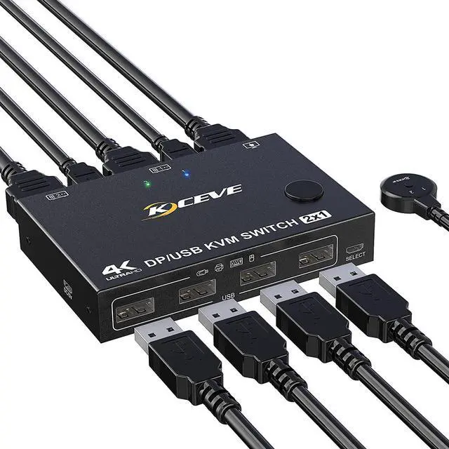 Main image of 2-Port DisplayPort KVM Switch, 2 Port DP1.2 KVM Switch Two Computers One Monitor to Share Mouse,Keyboard,Printer,Scanner Support 4K @60Hz, 2 USB Cables and Wired Controller Included