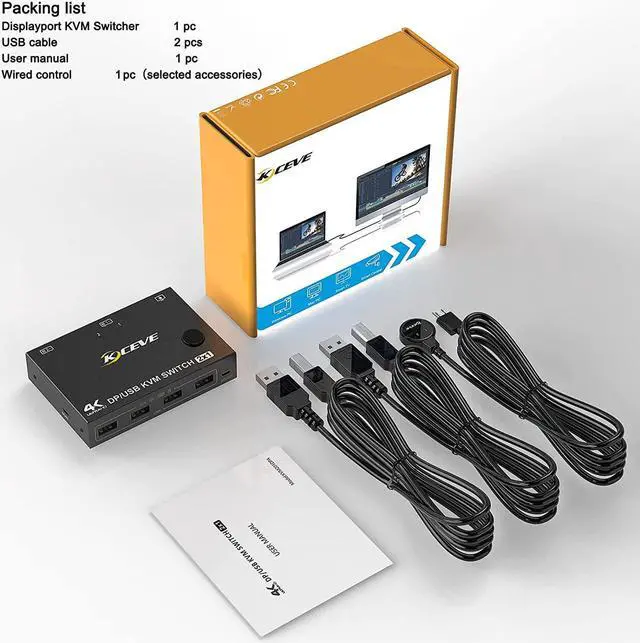 Alt view image 7 of 7 - 2-Port DisplayPort KVM Switch, 2 Port DP1.2 KVM Switch Two Computers One Monitor to Share Mouse,Keyboard,Printer,Scanner Support 4K @60Hz, 2 USB Cables and Wired Controller Included
