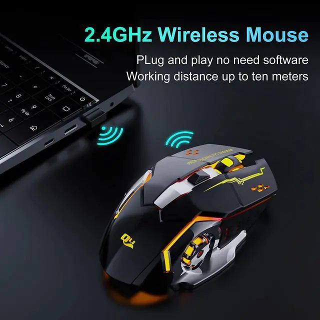 Alt view image 2 of 7 - 2.4G Wireless Gaming Mice, Rechargeable Gaming Mouse Silent Click with 6 Buttons, 3 Adjustable Levels DPI , Colorful LED Lights for Laptop, iPad, MacOS, PC, Windows, Android (Black)