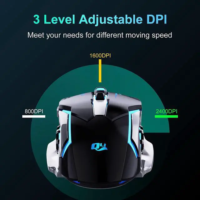 Alt view image 7 of 7 - 2.4G Wireless Gaming Mice, Rechargeable Gaming Mouse Silent Click with 6 Buttons, 3 Adjustable Levels DPI , Colorful LED Lights for Laptop, iPad, MacOS, PC, Windows, Android (Black)
