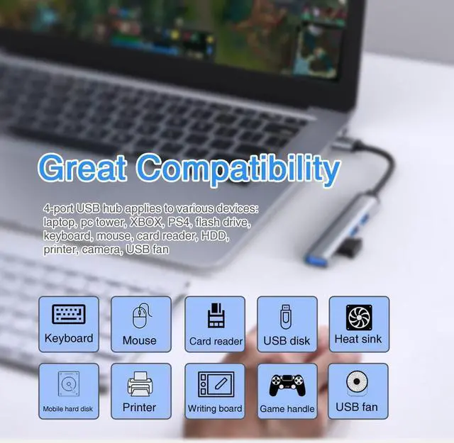 Alt view image 7 of 7 - USB Hub, 4 Port USB 3.0*1 Hub, 2.0*3 Hub Splitter for Laptop, PC, U Disk, Multiport Mini USB Adapter Expander w/Aluminum Shell, Ultra Slim 4-Pout USB Hubs Extender for Laptop, Mouse, PC