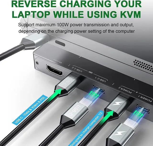 Alt view image 6 of 7 - USB Type-C KVM Switch 4K@60Hz, USB C Switch for 2 Computers Share 1 Monitor and 4 USB Devices, Compatible with Thunderbolt 3, with 100 W Power Delivery Option, Wired Remote and 3 Cables Included