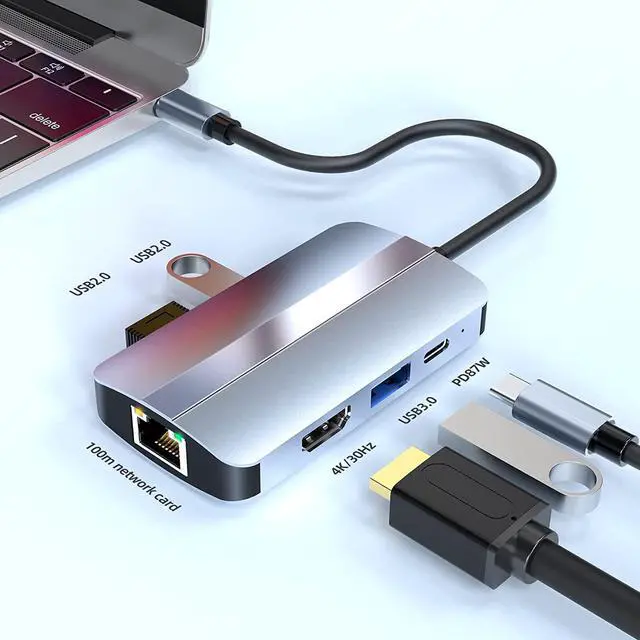 Alt view image 2 of 7 - USB C Hub, Multiport USB C Adapter for Laptop, 6 in 1 Type C HUB Dongle Docking Station with 4K HDMI, USB 2.0 USB 3.0, 87W PD,100M Network Card, Compatible for USB C Laptops and Other Type C Devices