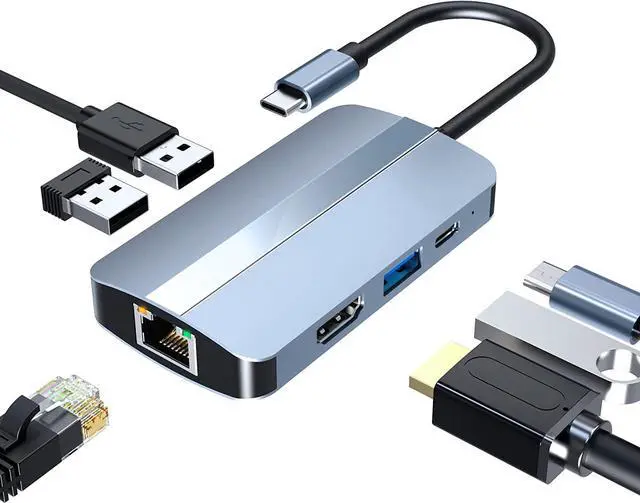 Main image of USB C Hub, Multiport USB C Adapter for Laptop, 6 in 1 Type C HUB Dongle Docking Station with 4K HDMI, USB 2.0 USB 3.0, 87W PD,100M Network Card, Compatible for USB C Laptops and Other Type C Devices