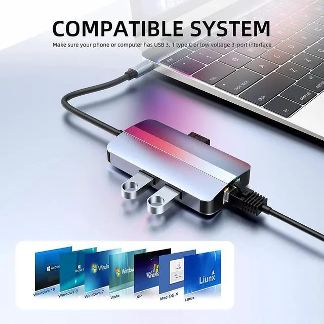 Alt view image 5 of 7 - USB C Hub, Multiport USB C Adapter for Laptop, 6 in 1 Type C HUB Dongle Docking Station with 4K HDMI, USB 2.0 USB 3.0, 87W PD,100M Network Card, Compatible for USB C Laptops and Other Type C Devices