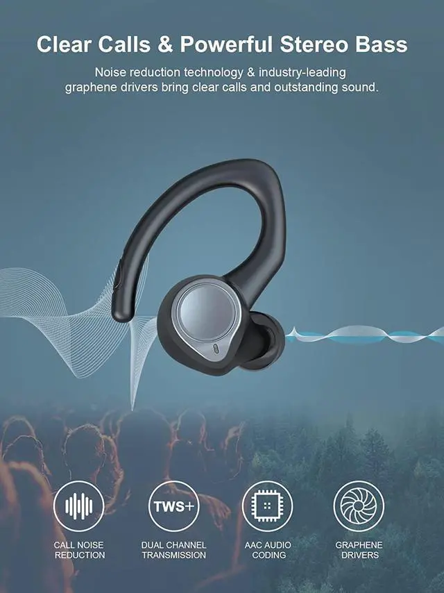 Alt view image 3 of 7 - Ture Wireless Earbuds, Bluetooth 5.1 Sport Headphones in Ear with Detachable Earhooks, Bluetooth Earbuds with Immersive Sound, Wireless Earphones with Noise Cancelling Mic, IP7 Waterproof Headset