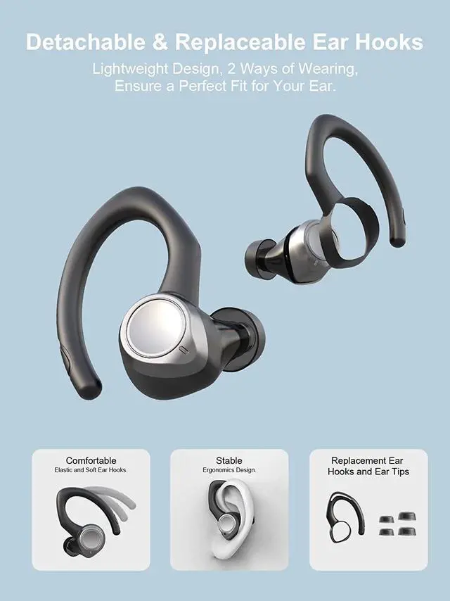 Alt view image 4 of 7 - Ture Wireless Earbuds, Bluetooth 5.1 Sport Headphones in Ear with Detachable Earhooks, Bluetooth Earbuds with Immersive Sound, Wireless Earphones with Noise Cancelling Mic, IP7 Waterproof Headset